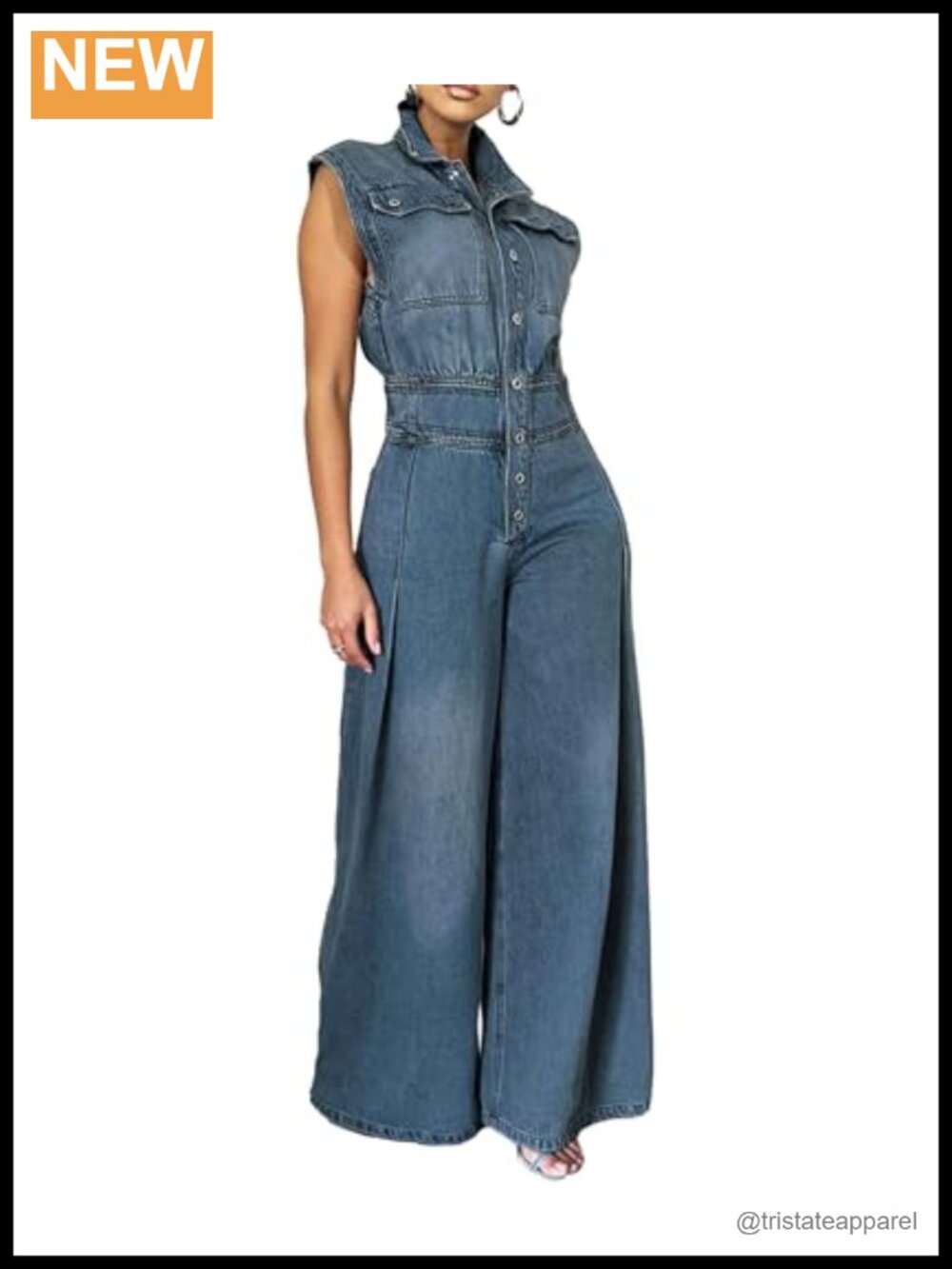 Sleeveless Denim Jumpsuit Button Down High Waisted Wide Leg Romper